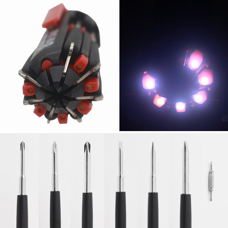8-in-1 Folding Screwdriver with Built-In LED Work Light & Flashlight