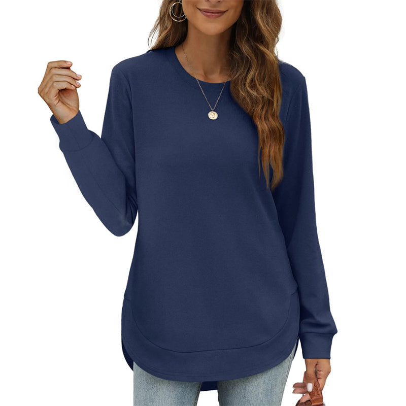 Solid Color Long Sleeve High-Low Hem Tops for Women
