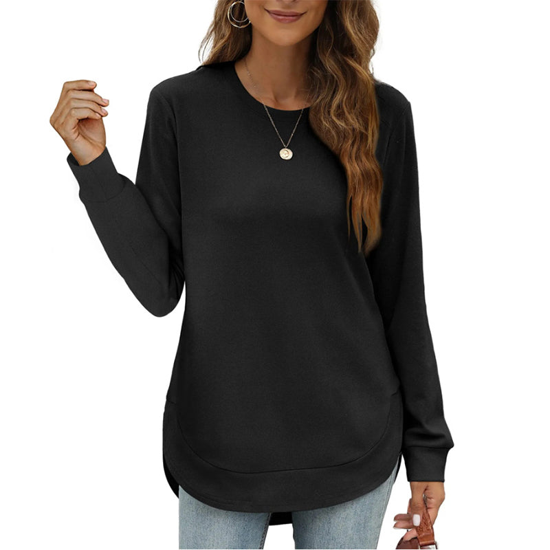 Solid Color Long Sleeve High-Low Hem Tops for Women