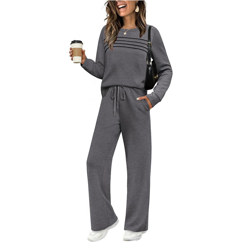 Women's Comfortable and Stylish Set – Round Neck Shirt + Drawstring Trousers