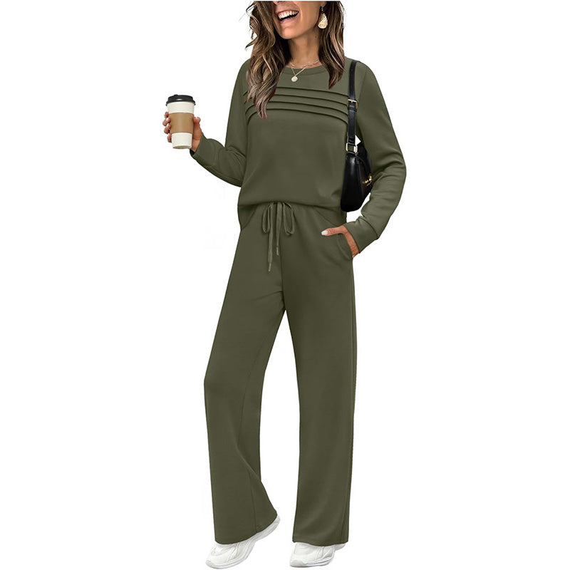 Women's Comfortable and Stylish Set – Round Neck Shirt + Drawstring Trousers