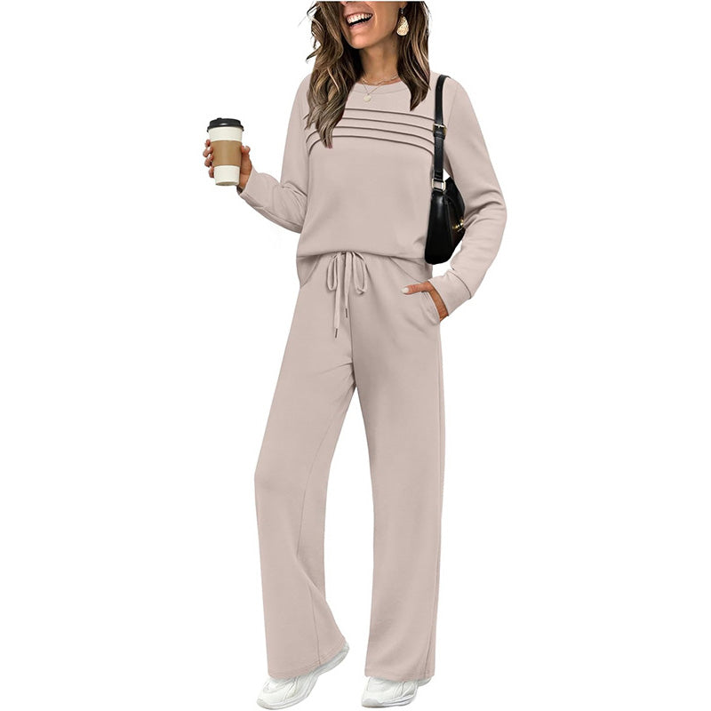 Women's Comfortable and Stylish Set – Round Neck Shirt + Drawstring Trousers