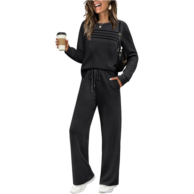 Women's Comfortable and Stylish Set – Round Neck Shirt + Drawstring Trousers