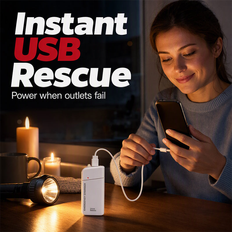 Portable Emergency Mobile Phone Charger Powered by AA Batteries, Built-In LED Flashlight, Perfect for Travel and Outdoor Emergencies