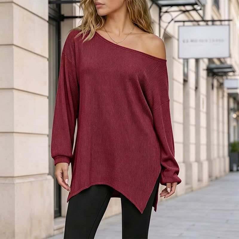 Off-Shoulder Blouse with Side Split – Flowing Drape & Modern Edge for Any Casual Occasion
