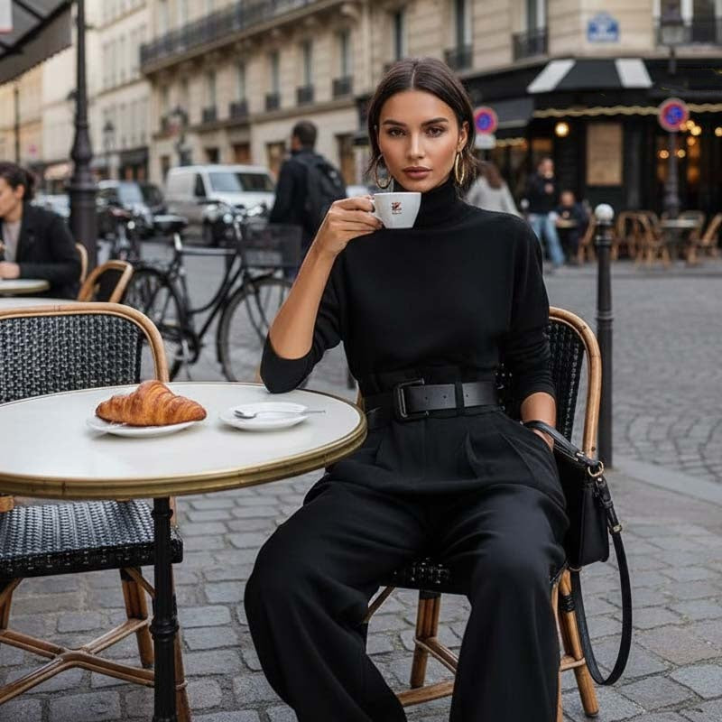 Elegant Women's Two-Piece Set: Turtleneck Shirt & High-Waist Trousers