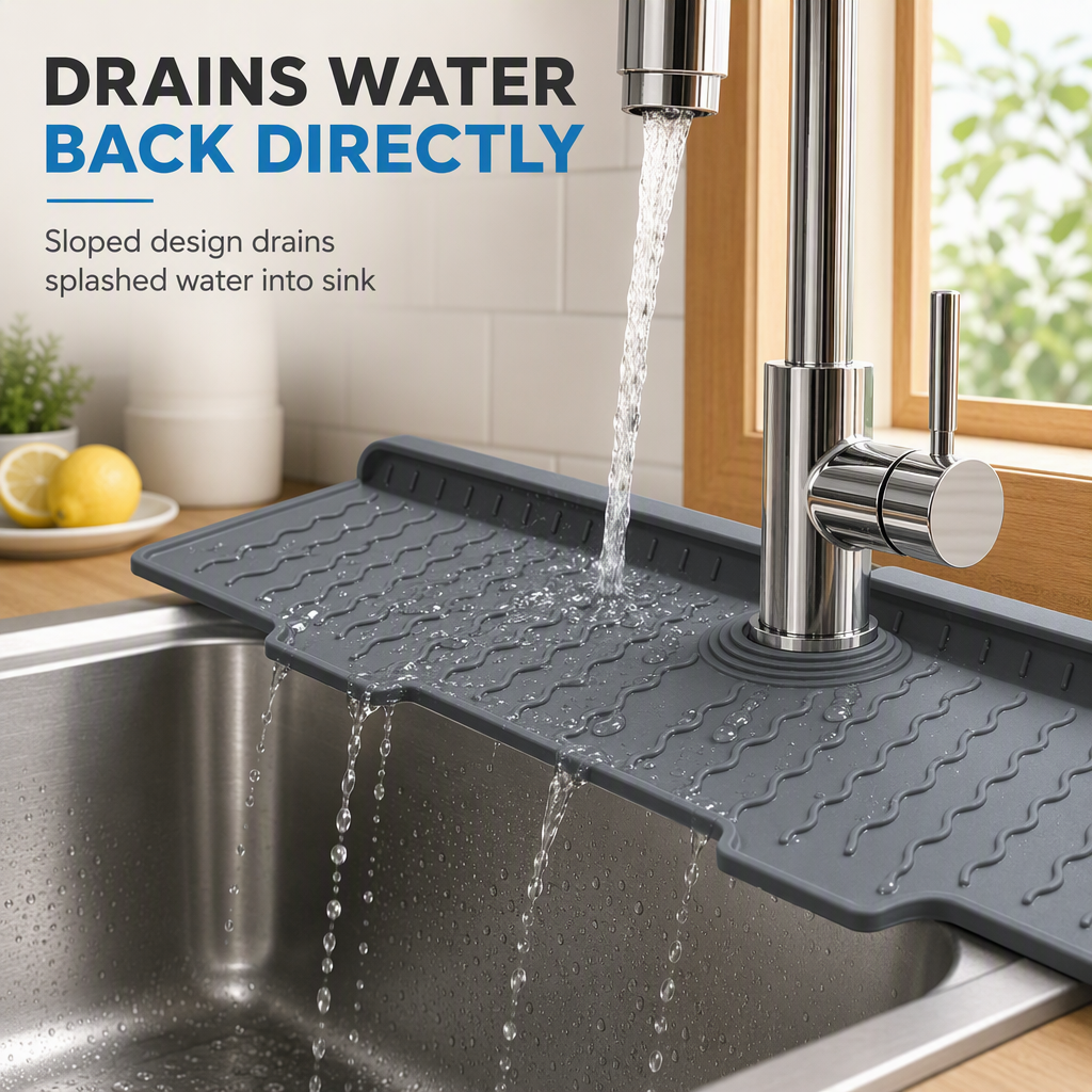 Silicone Splash Guard Mat for Sink and Faucet – Sloped Drainage Mat for Kitchen