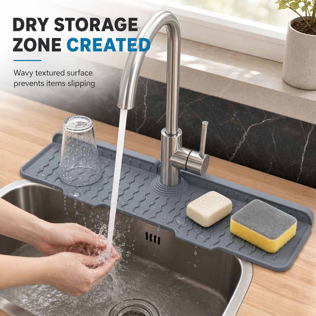 Trimmable Silicone Splash Guard Mat for Faucet – Self-Draining & Keeps Counter Dry