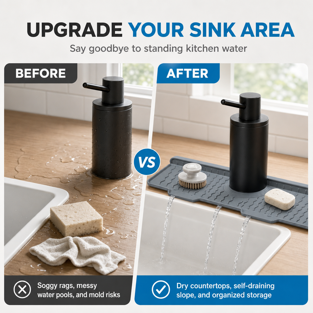Trimmable Silicone Splash Guard Mat for Faucet – Self-Draining & Keeps Counter Dry