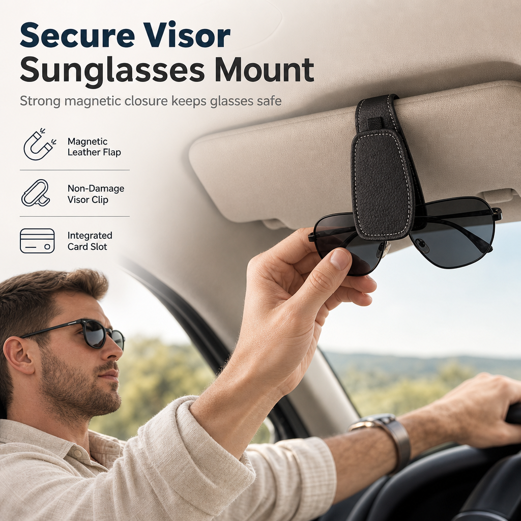 Car Sunglasses Holder — Magnetic Leather Clip, Ticket Card Mount