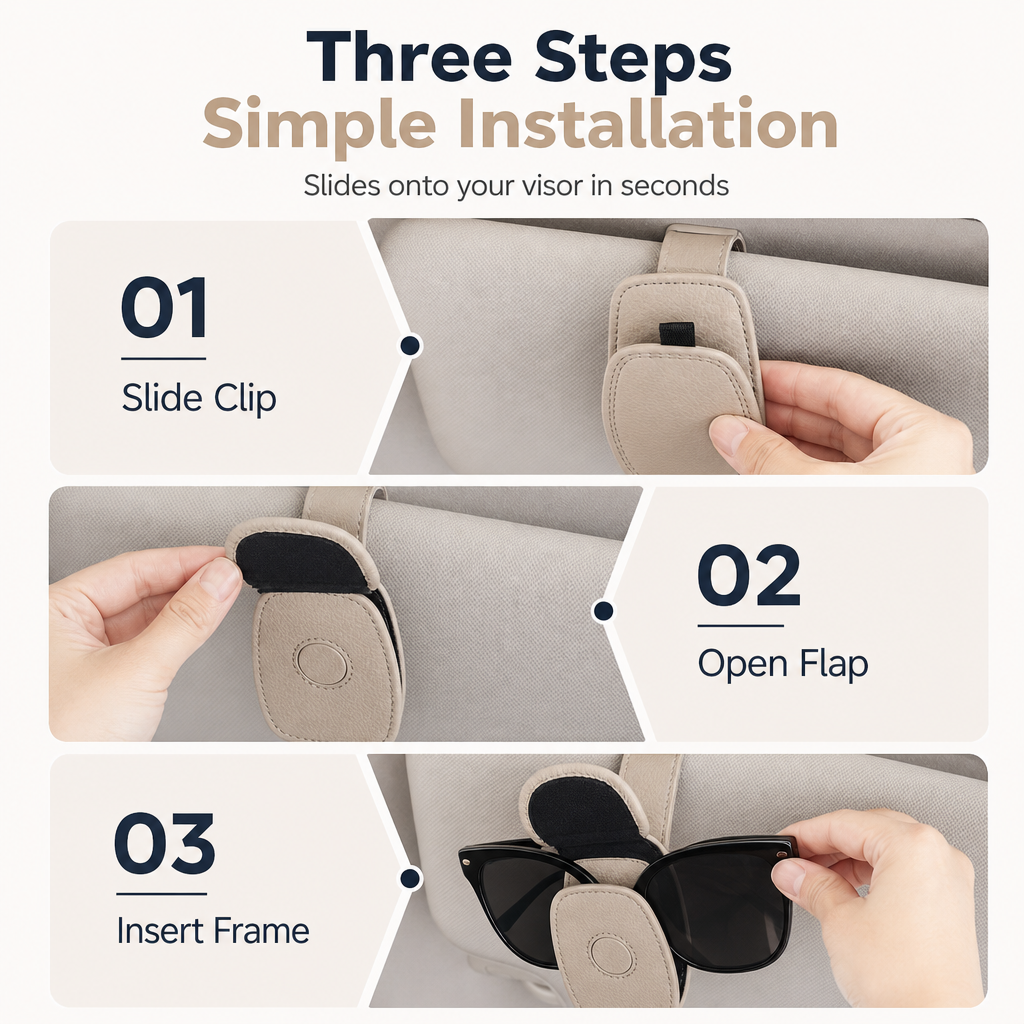 Car Sunglasses Holder — Magnetic Leather Clip, Ticket Card Mount