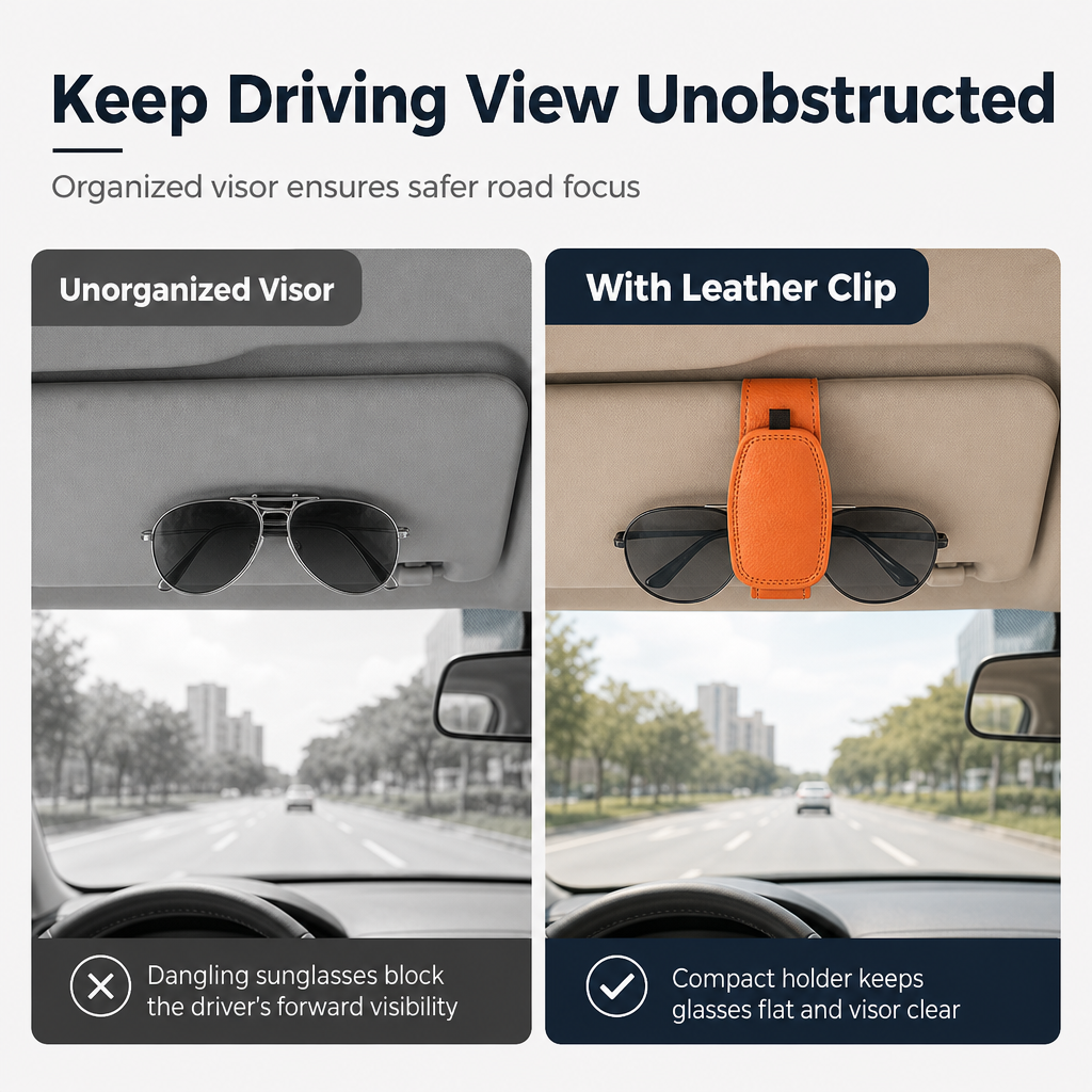 Car Sunglasses Holder — Magnetic Leather Clip, Ticket Card Mount
