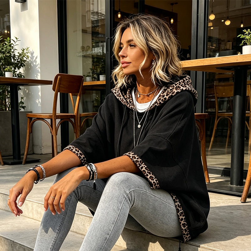 Leopard Detail, Easy Style | Women's Loose-Fit Drawstring Hoodie