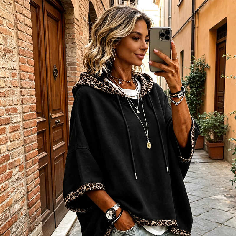 Leopard Detail, Easy Style | Women's Loose-Fit Drawstring Hoodie