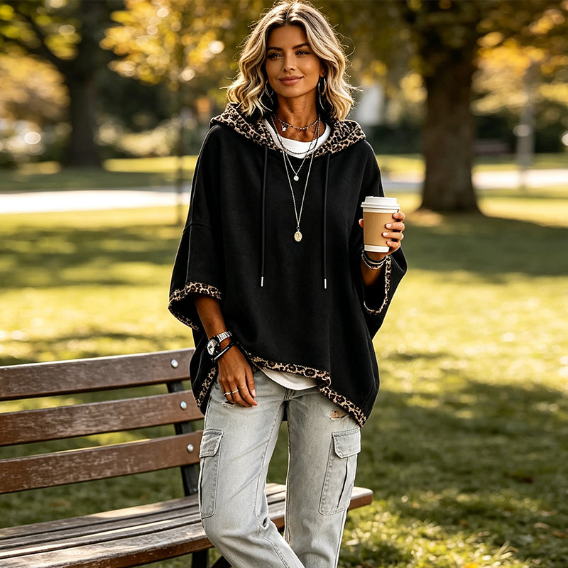 Leopard Detail, Easy Style | Women's Loose-Fit Drawstring Hoodie