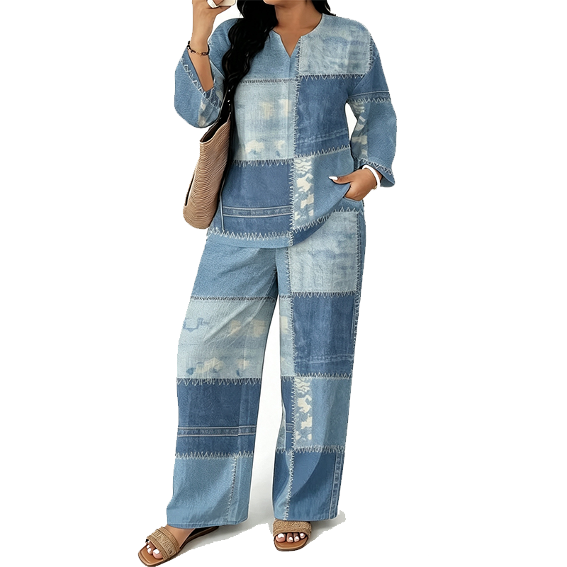 Women's Patchwork Top & Wide-Leg Pants 2-Piece Set