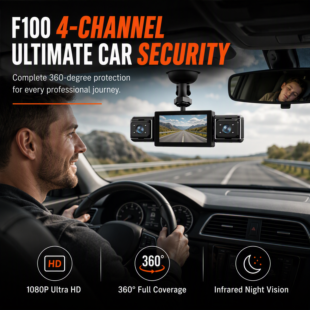 F100 4-Lens Dash Cam – 1080P HD, Infrared Night Vision, GPS Sync Recording