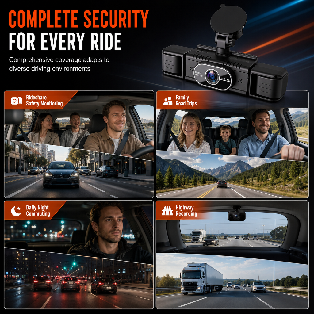 F100 4-Lens Dash Cam – 1080P HD, Infrared Night Vision, GPS Sync Recording