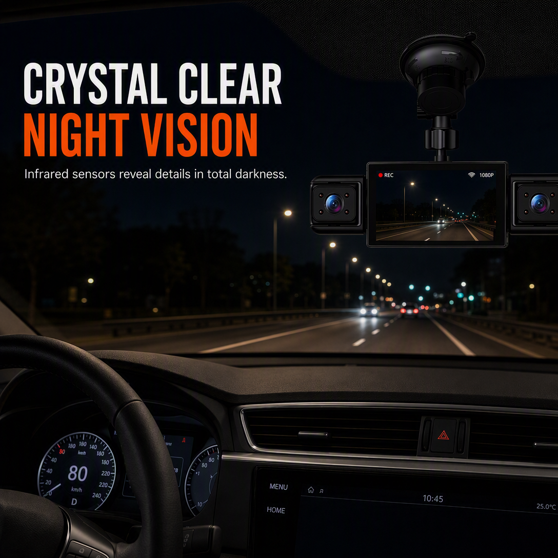 F100 4-Lens Dash Cam – 1080P HD, Infrared Night Vision, GPS Sync Recording
