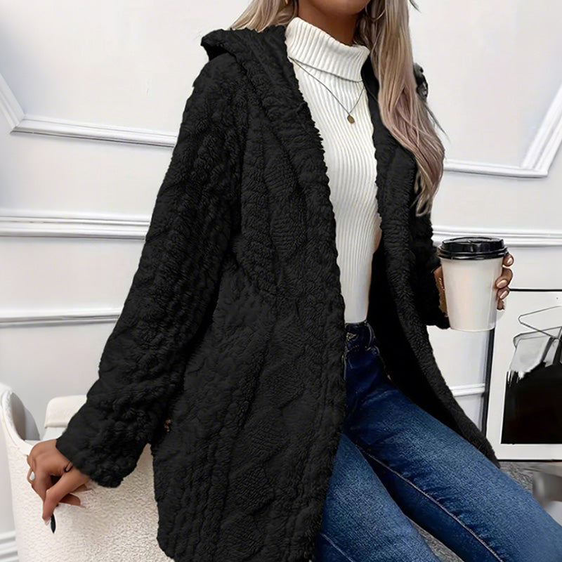 Women's Hooded Plush Fleece Button Jacket