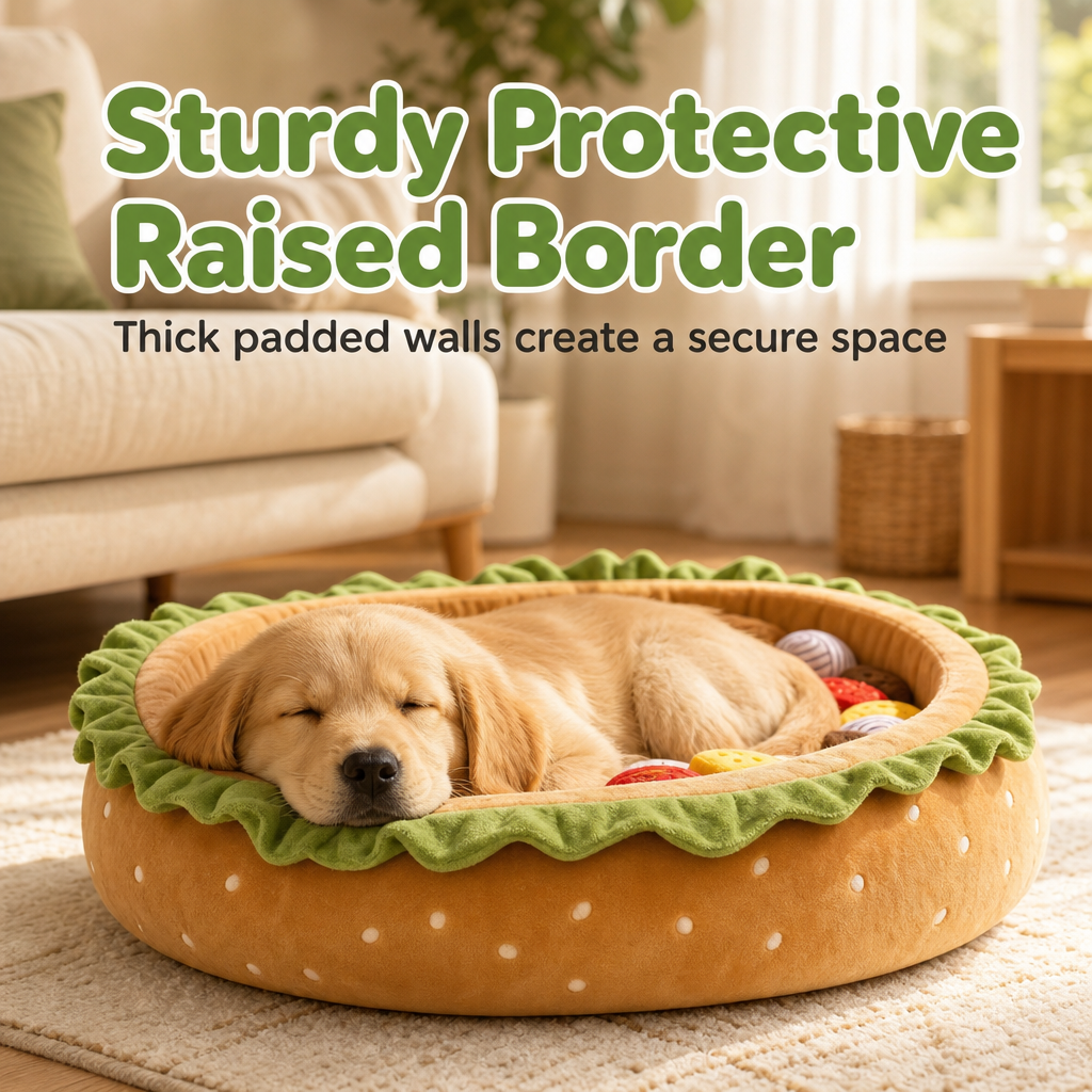 Cute Hamburger Bun Shaped Pet Bed Warm Cozy Round Dog Bed Cushion for All Seasons