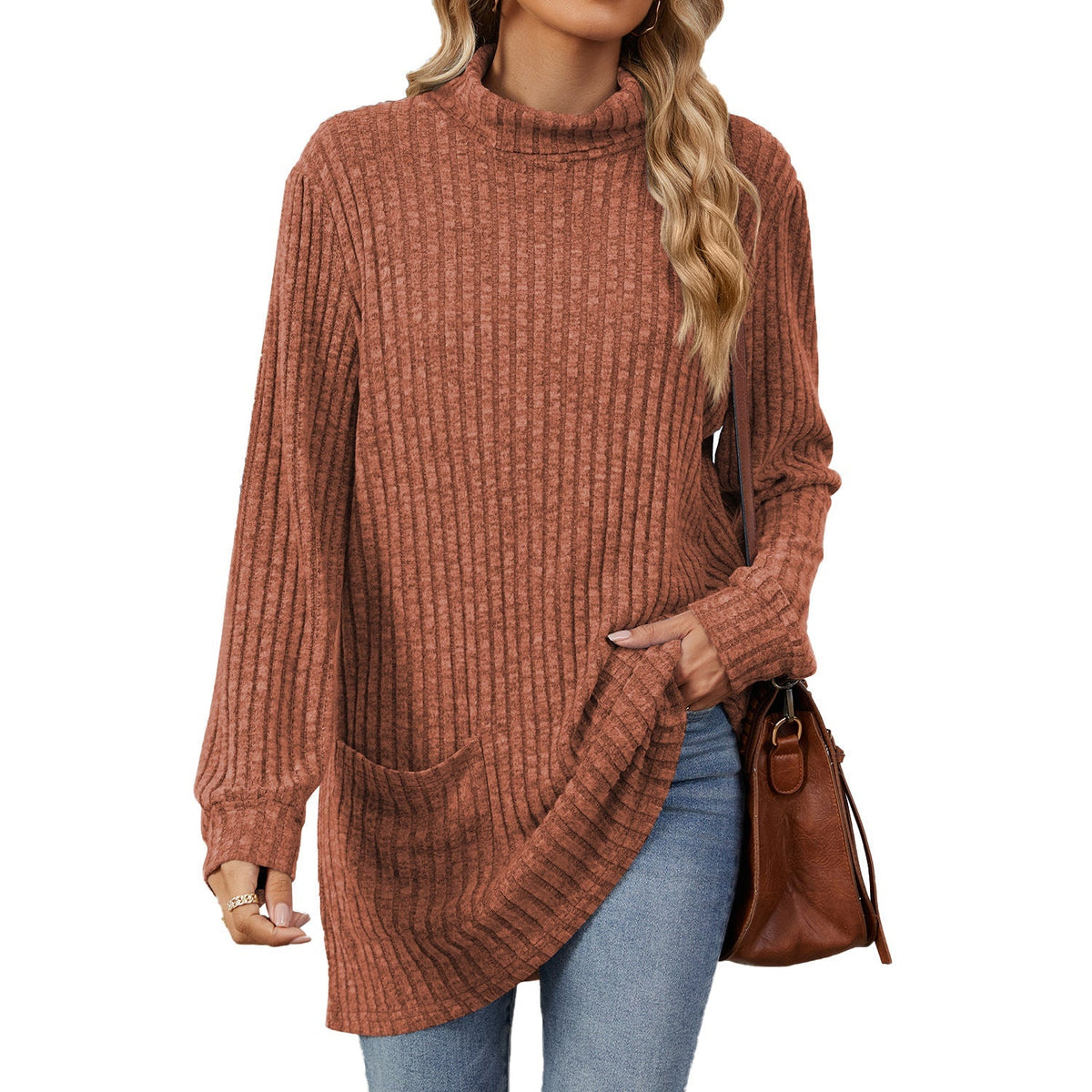 Loose-Fitting T-Shirt for Women with High Neck and Long Sleeves