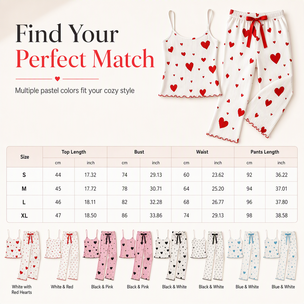 Women's 2 Piece Ribbed Pajama Set Heart Print Camisole Top and Long Pants Loungewear