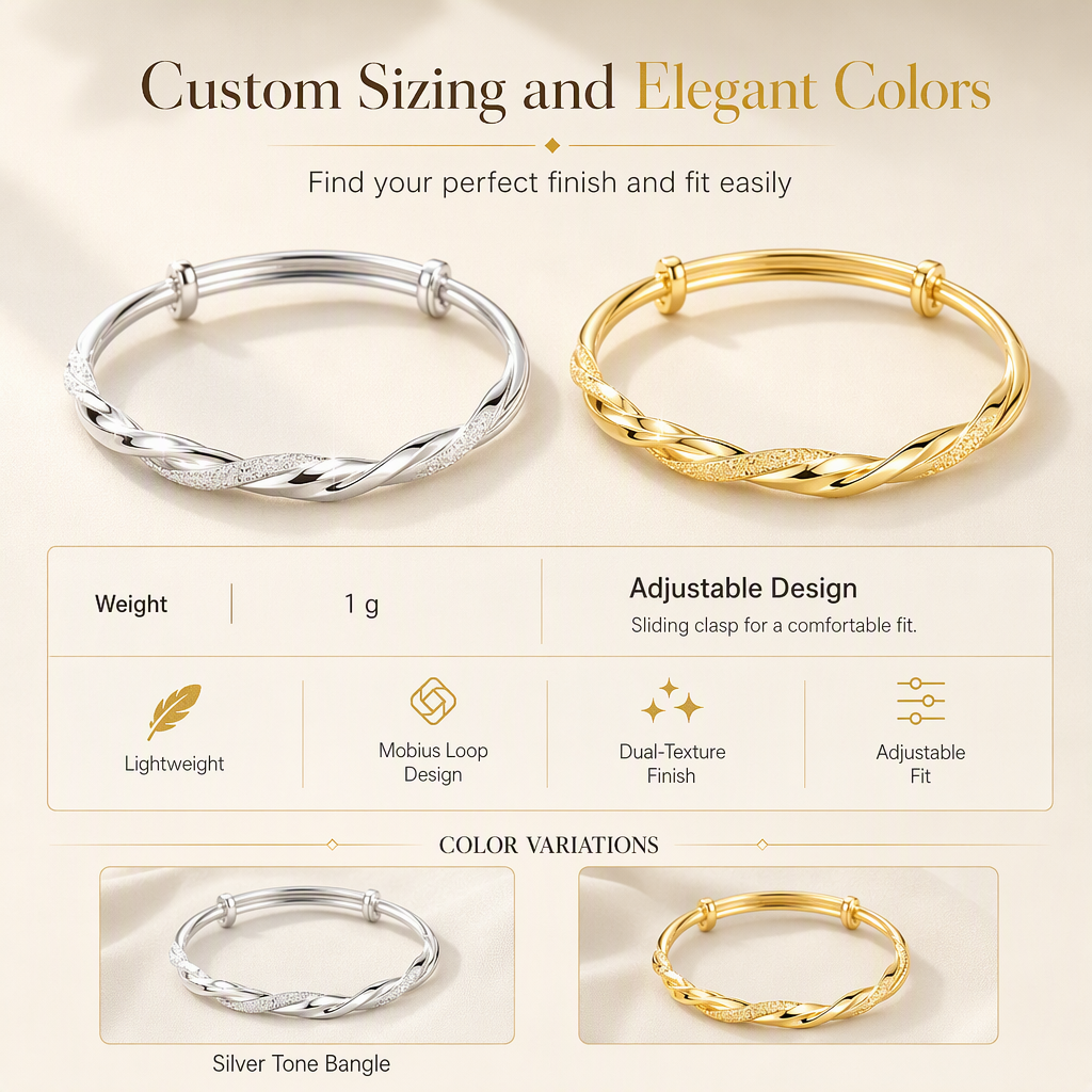 Infinite Mobius Twist Bangle: Smooth Sliding Adjustable Clasp, Dual Textured Finish, Electroplated Anti-Fade Jewelry