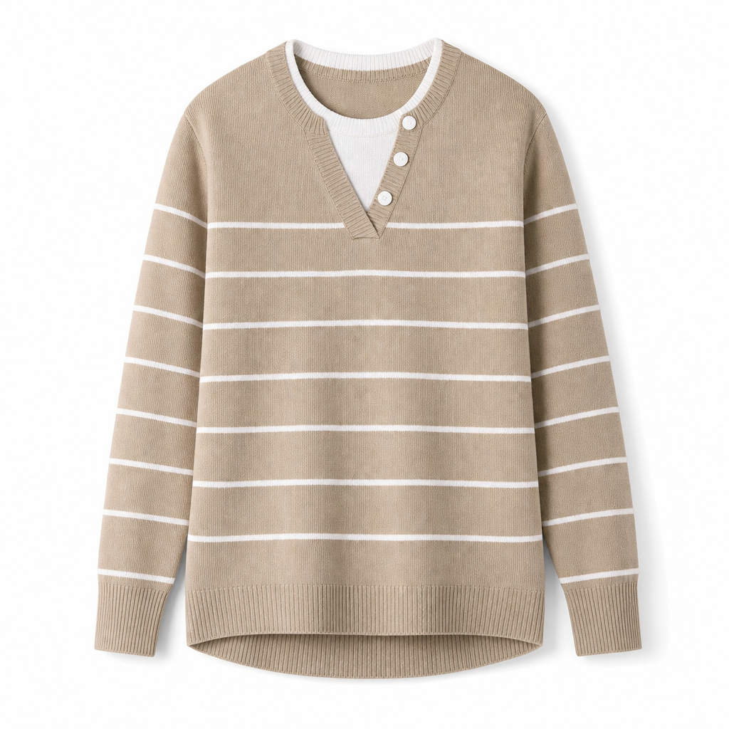 Mock Two-Piece V-Neck Knitted Sweater with Button Details