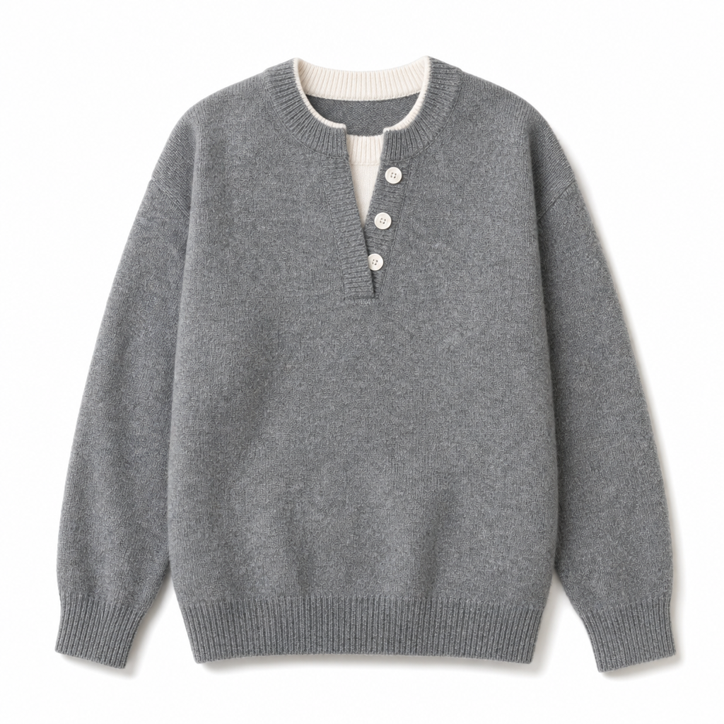 Mock Two-Piece V-Neck Knitted Sweater with Button Details