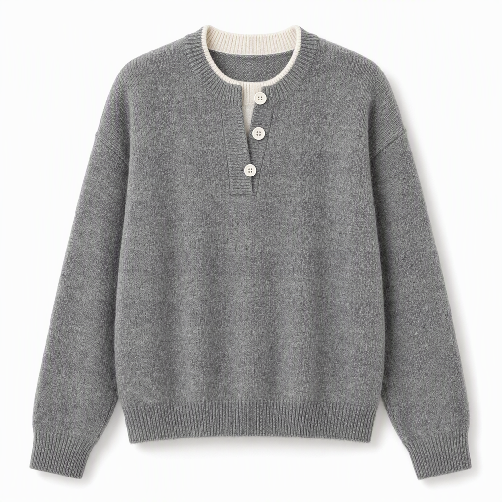 Mock Two-Piece V-Neck Knitted Sweater with Button Details
