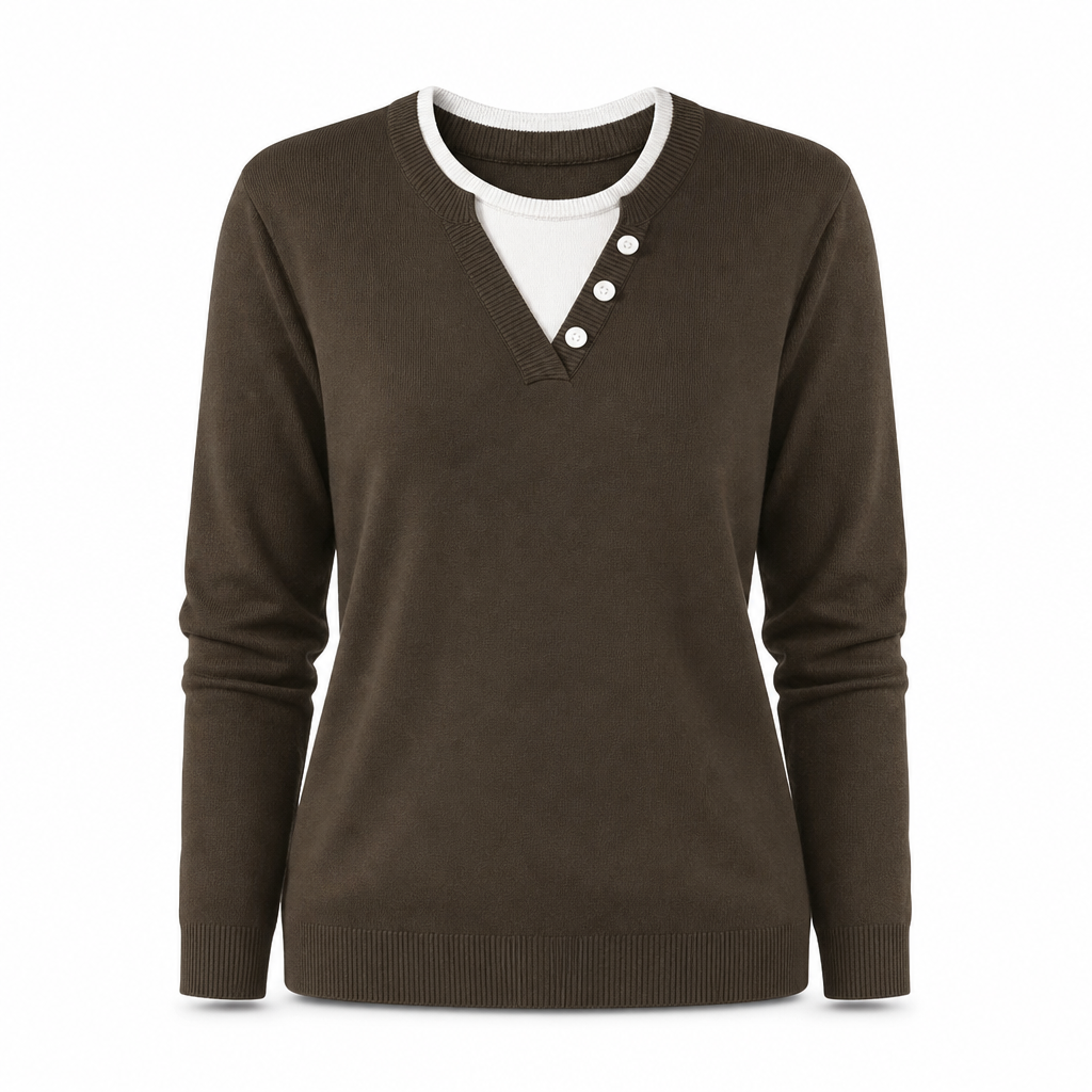 Mock Two-Piece V-Neck Knitted Sweater with Button Details