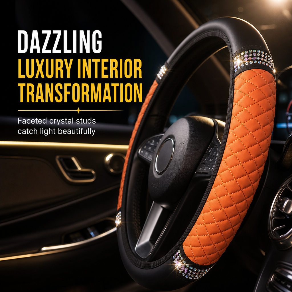 Steering Wheel Cover with Rhinestones – Hand-Set Crystals & Padded PU Leather for Luxurious Feel