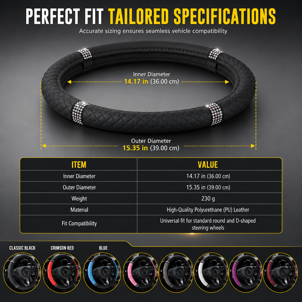 Steering Wheel Cover with Rhinestones – Hand-Set Crystals & Padded PU Leather for Luxurious Feel