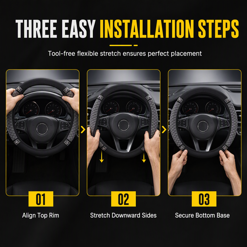 Steering Wheel Cover with Rhinestones – Hand-Set Crystals & Padded PU Leather for Luxurious Feel