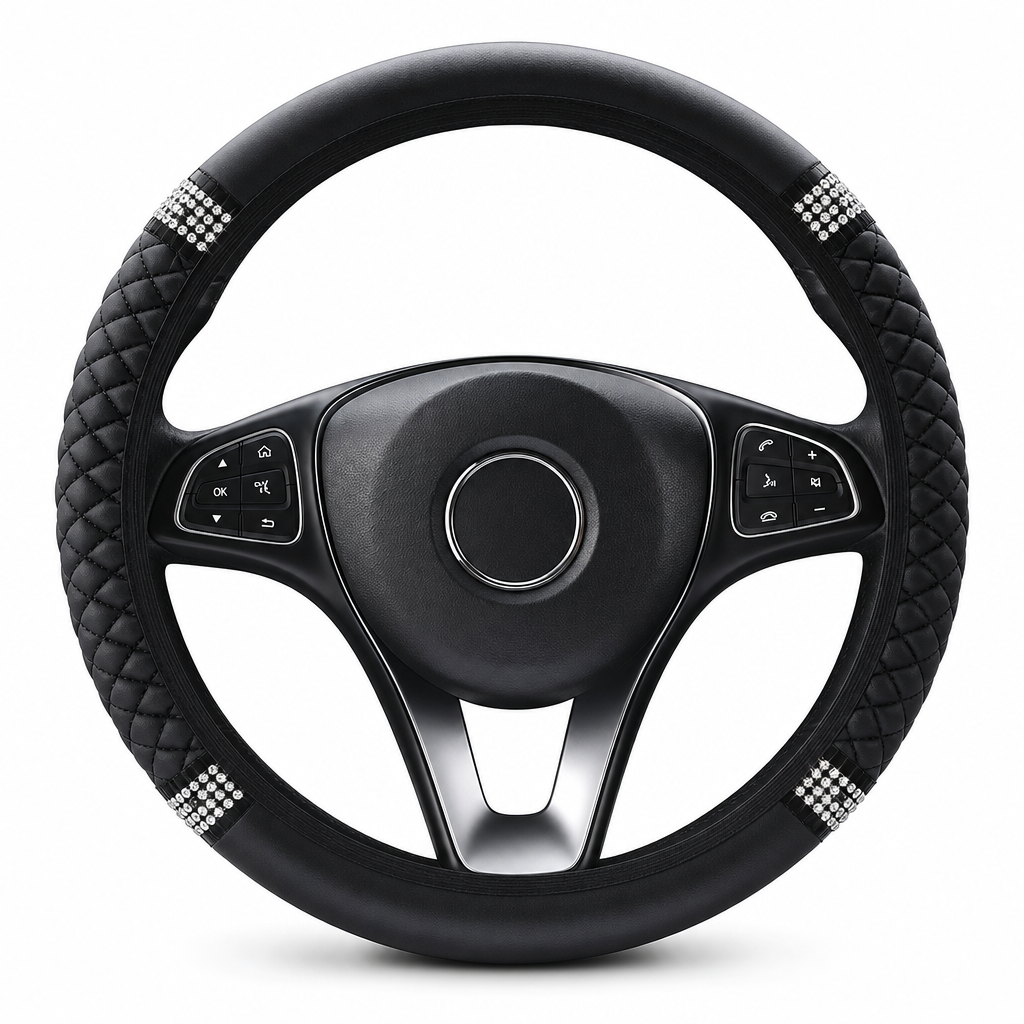 Steering Wheel Cover with Rhinestones – Hand-Set Crystals & Padded PU Leather for Luxurious Feel