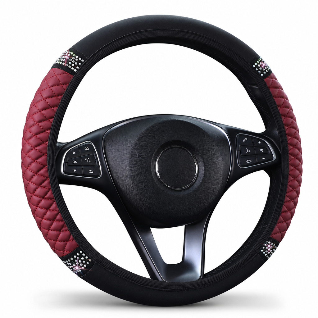 Steering Wheel Cover with Rhinestones – Hand-Set Crystals & Padded PU Leather for Luxurious Feel