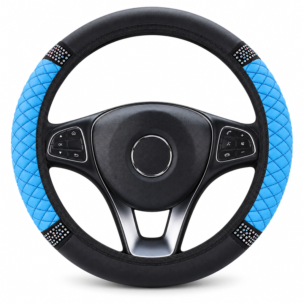 Steering Wheel Cover with Rhinestones – Hand-Set Crystals & Padded PU Leather for Luxurious Feel