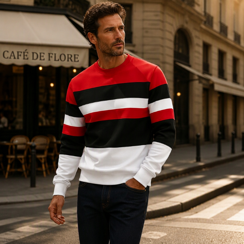 Casual Round Neck Sweatshirt for Men with Stripe Pattern