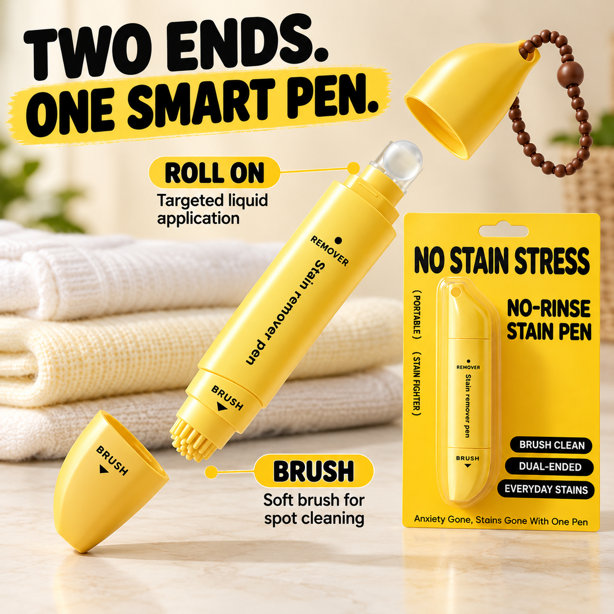 Portable Dual-Head Stain Remover Pen – Roller Ball & Brush, Water-Free, for Makeup/Grease/Coffee/Wine, 15 ml, Yellow or Green