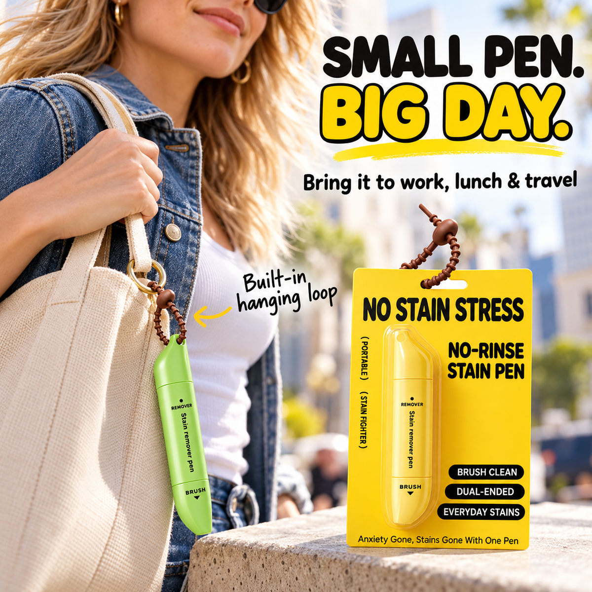 Portable Dual-Head Stain Remover Pen – Roller Ball & Brush, Water-Free, for Makeup/Grease/Coffee/Wine, 15 ml, Yellow or Green