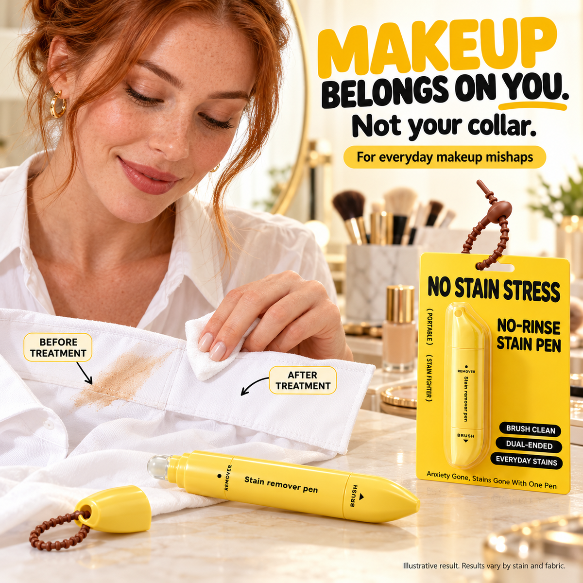 Portable Dual-Head Stain Remover Pen – Roller Ball & Brush, Water-Free, for Makeup/Grease/Coffee/Wine, 15 ml, Yellow or Green