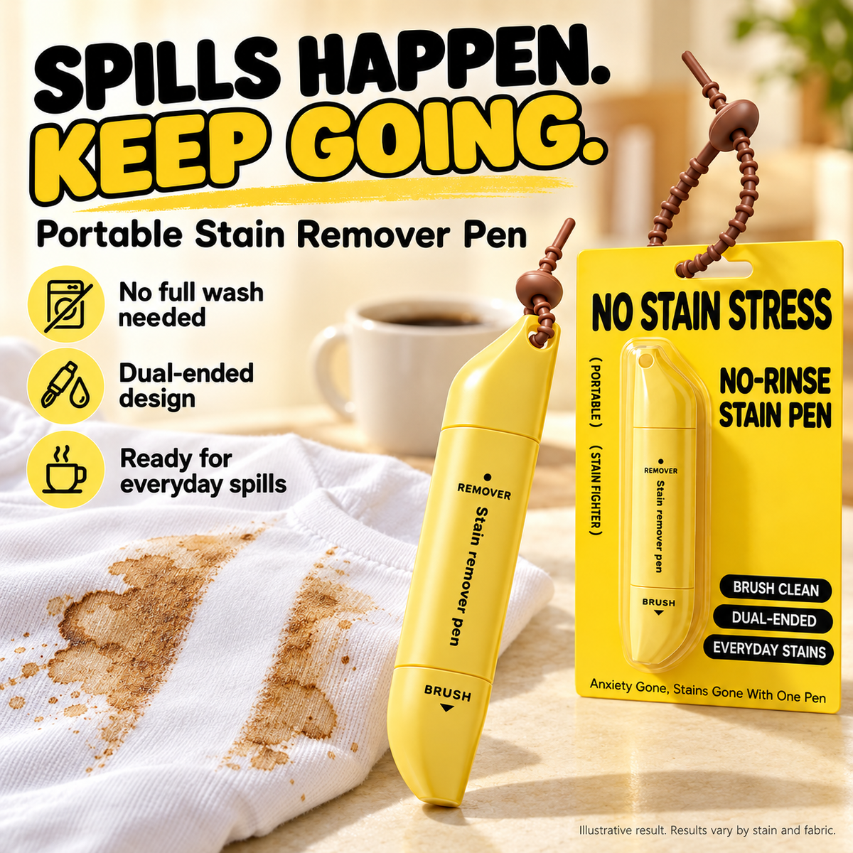 Portable Dual-Head Stain Remover Pen – Roller Ball & Brush, Water-Free, for Makeup/Grease/Coffee/Wine, 15 ml, Yellow or Green