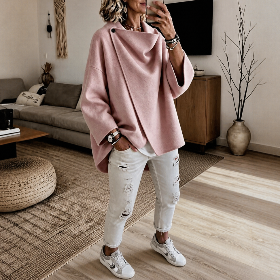 Asymmetric Button Wrap Cape Jacket