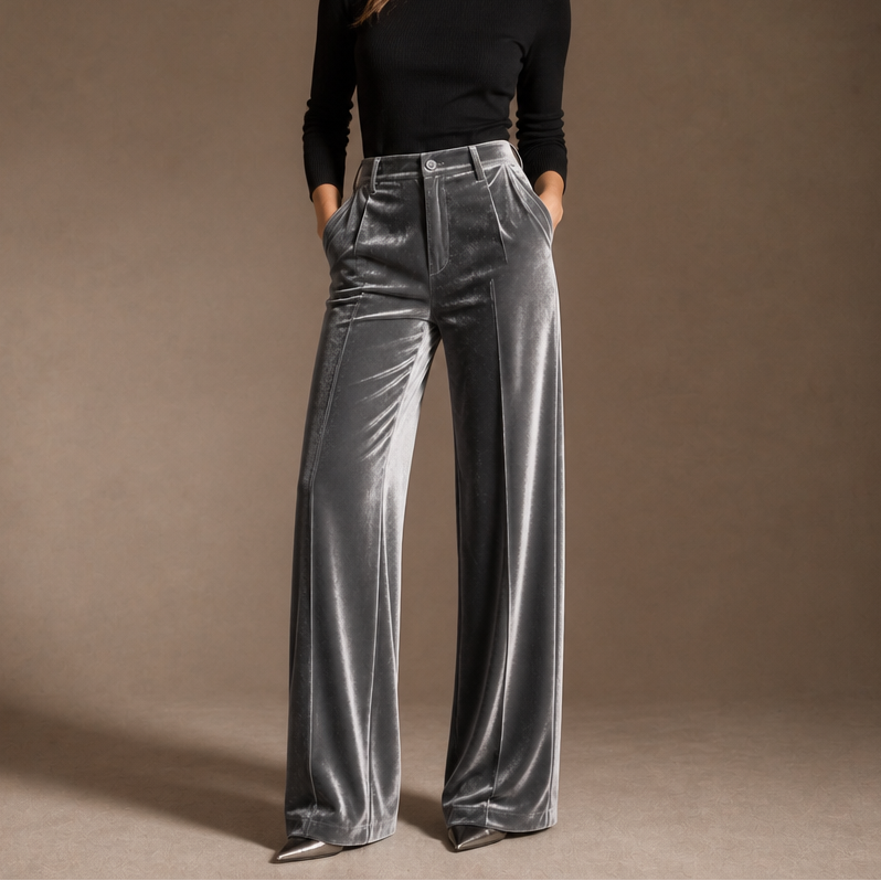 Velvet High-Waisted Wide-Leg Trousers
