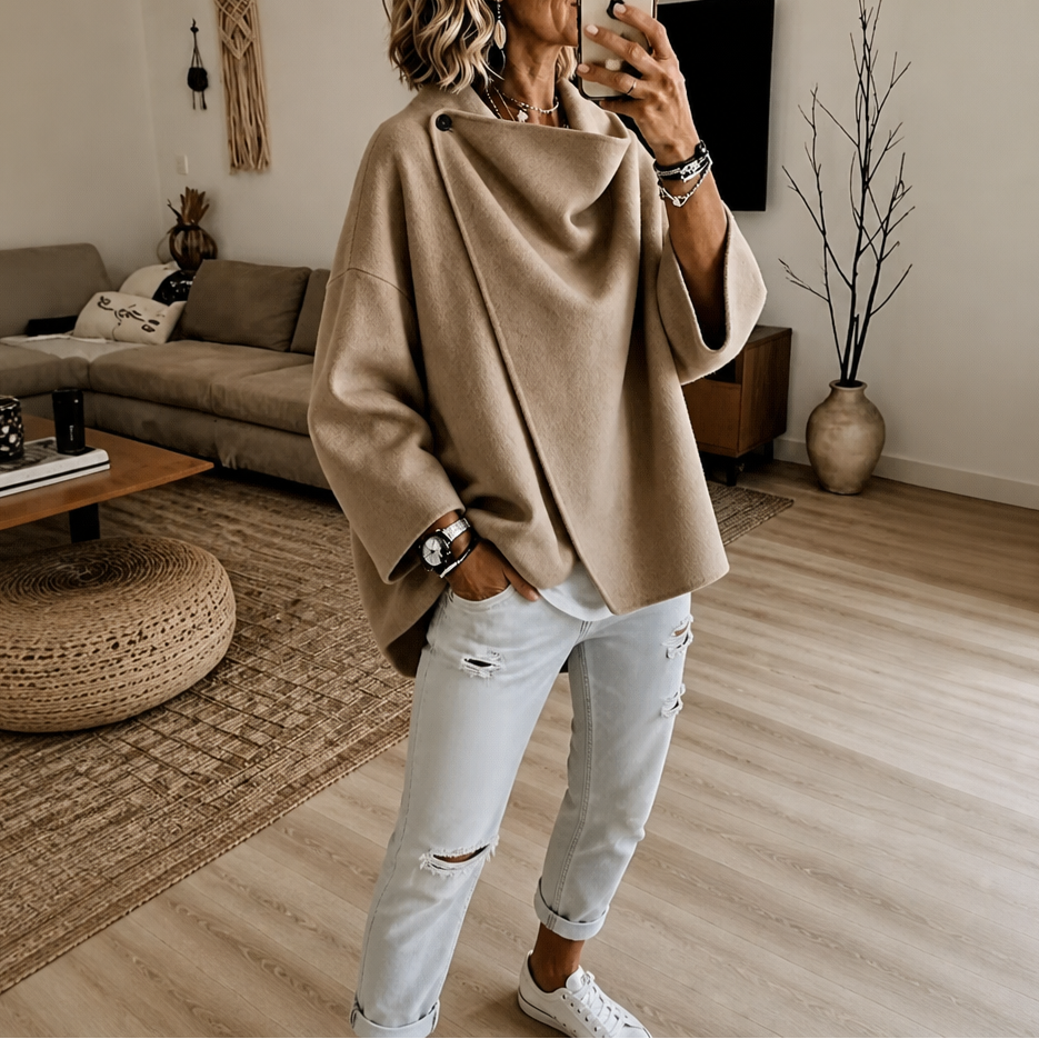 Asymmetric Button Wrap Cape Jacket