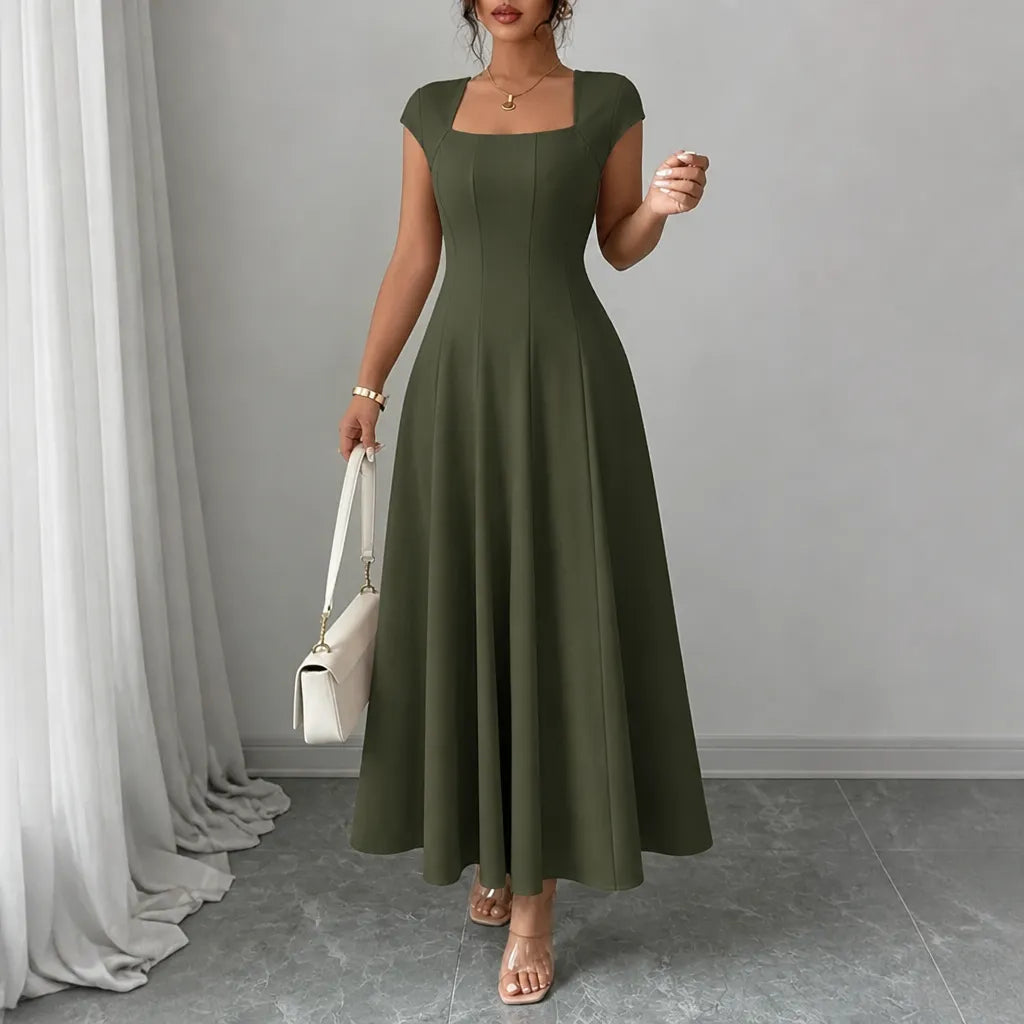Square Neck A-Line Midi Dress with Sculpted Waist