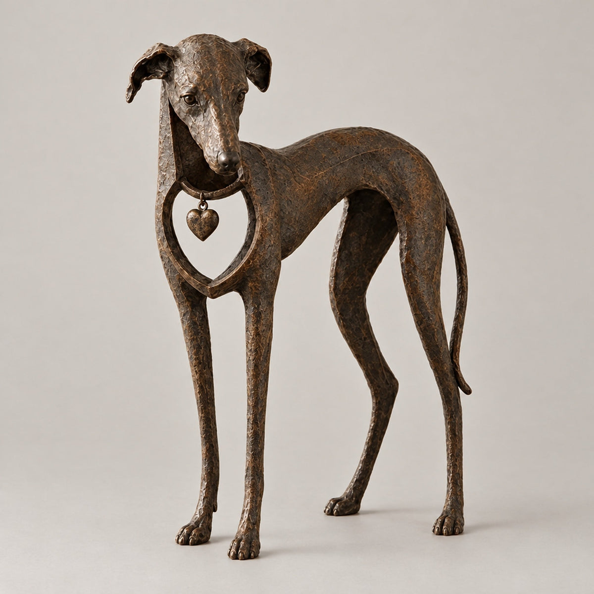 Greyhound Sculpture in Antique Brown Resin with Heart Charm – 22 cm