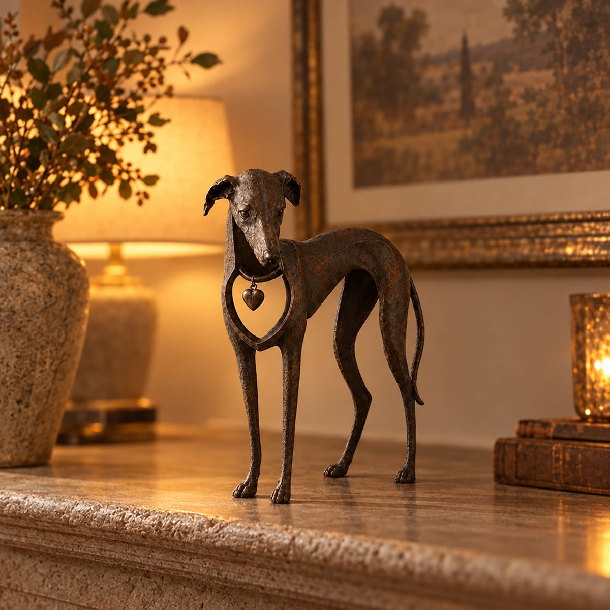 Greyhound Sculpture in Antique Brown Resin with Heart Charm – 22 cm