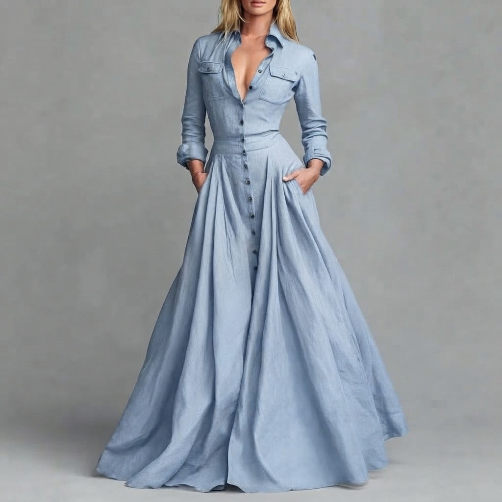 High-Waisted Long Sleeve Collared Button-Down Maxi Shirt Dress